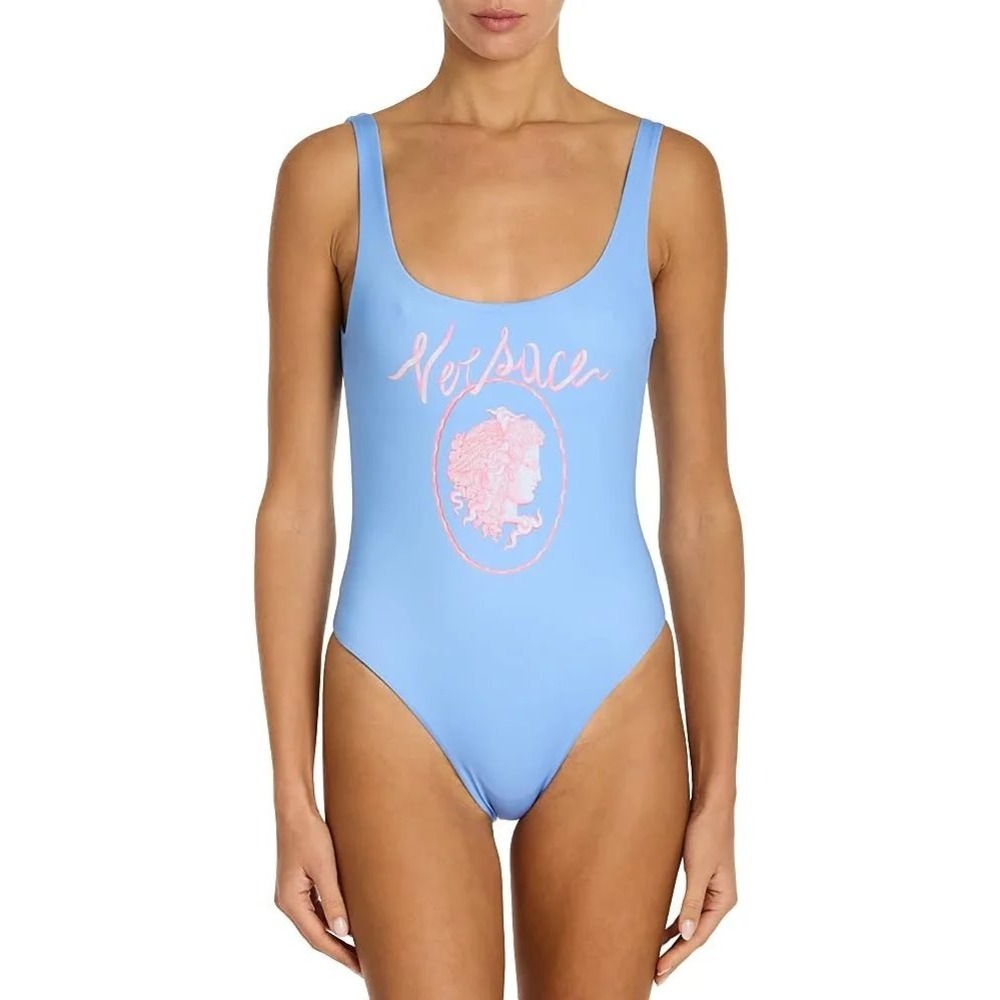 Versace One Piece Swimsuit Medusa Square Neck Size 5 Stone Blue New With‎ Tags